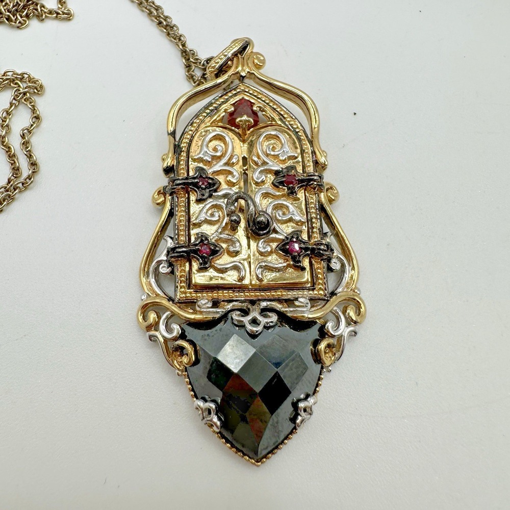 Michael Valitutti Sterling Silver Garnet Black Gemstone Opening Door Pendant 18"